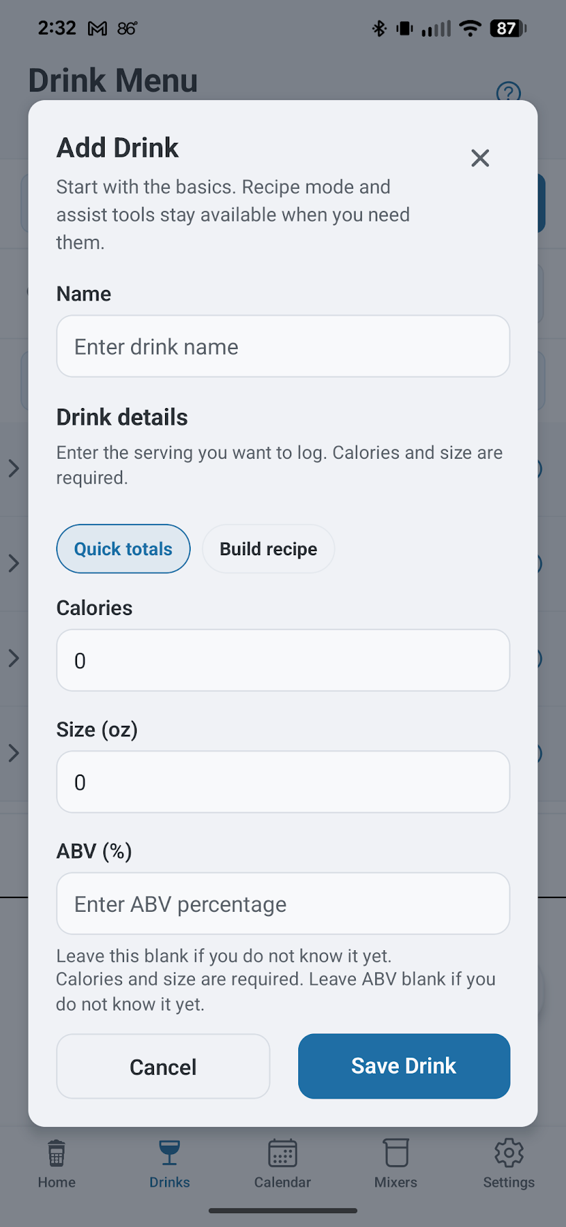 Add Drink screen with quick totals, build recipe, calorie, size, and ABV inputs.