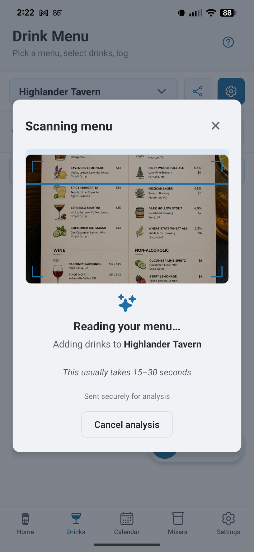 Scanning menu screen that reads a photographed menu and adds drinks to a selected menu.