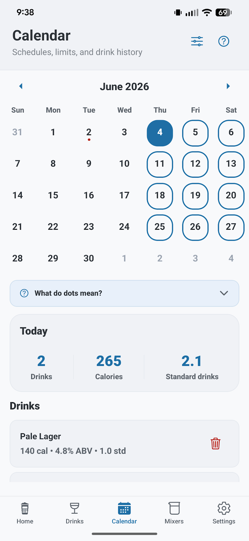 Calendar screen showing drinking days, today's totals, and recent logged drinks.