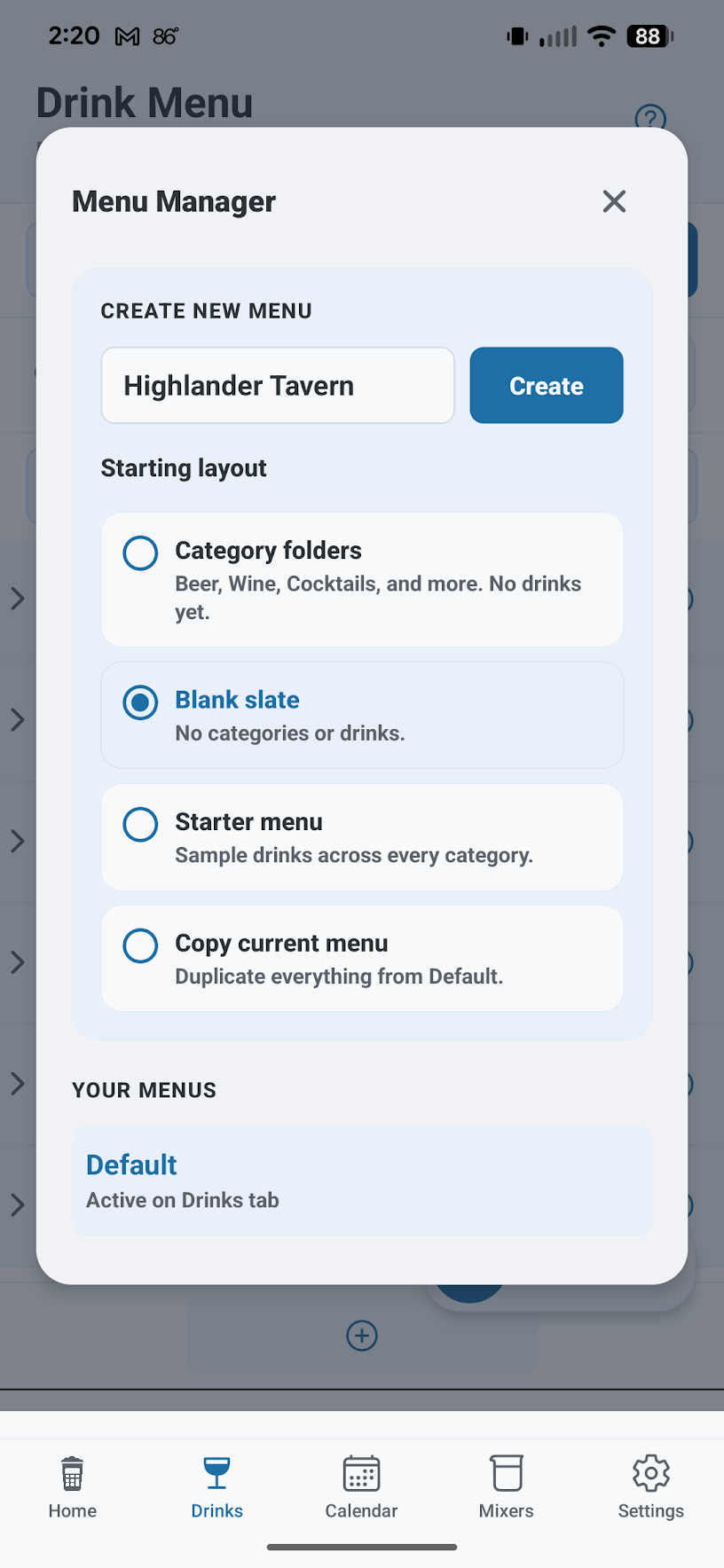 Menu Manager screen for creating a named drink menu and choosing a starting layout.