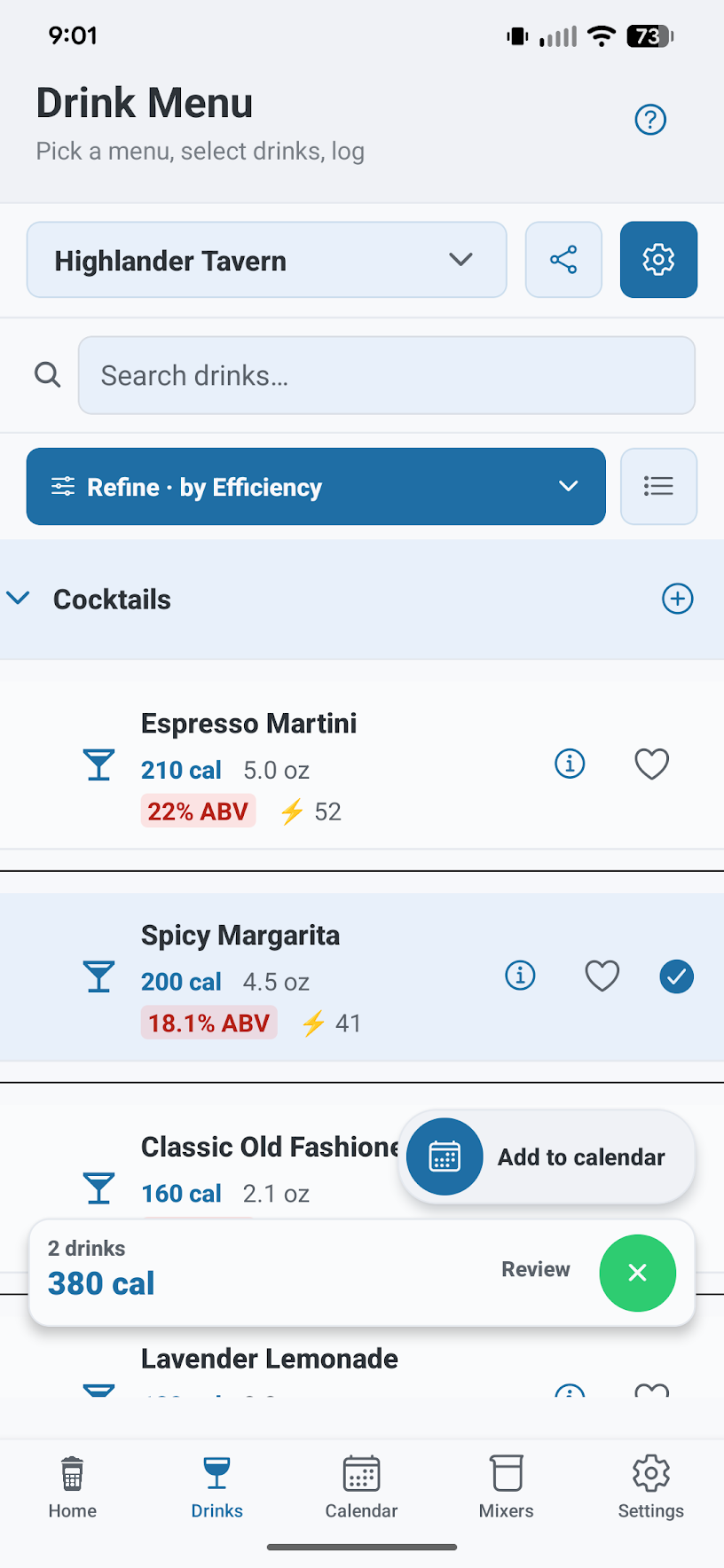 Drink menu screen showing cocktails with calories, size, ABV, and quick add actions.