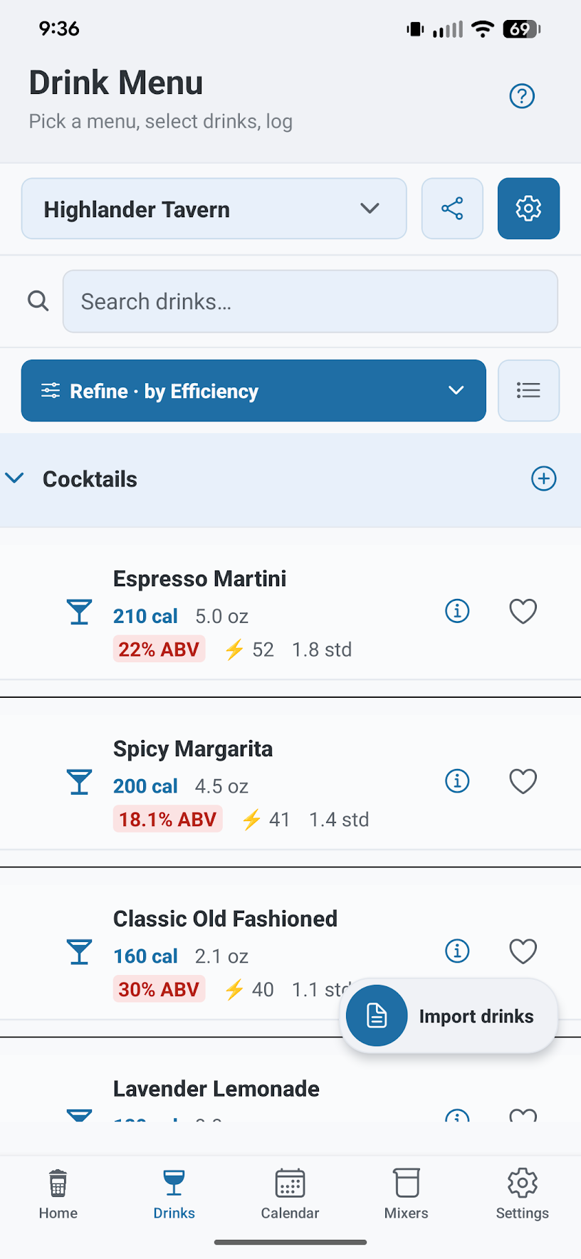 Drink menu screen showing cocktails with calories, size, ABV, and quick add actions.