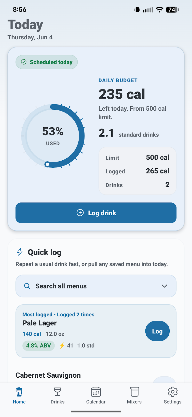 Alcolytics home screen with today's calorie budget, quick log, and recent drinks.