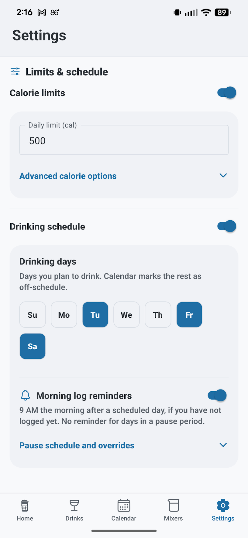 Limits and schedule settings with calorie limit, drinking days, and reminders.